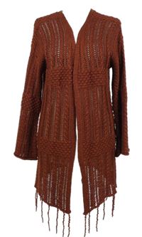 Dámský karmínový háčkovaný svetrový cardigán s třásněmi Primark 