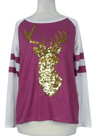 Dámské bílo-purpurové triko s jelenem z flitrů 