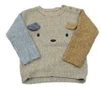 Béžovo-modro-hnědý žebrovaný svetr s medvědem Nutmeg