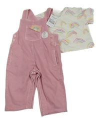 Nové - 2set- růžové laclové rifle+ tričko s duhami Next