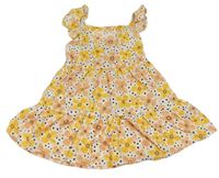 Bílo-žluto-oranžové květované puntíkované plátěné šaty Primark