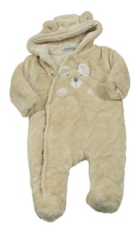 Béžová chlupatá zateplená kombinéza s medvědem a kapucí Topolino