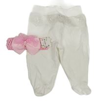 2set - Bílé polodupky a krajkou + růžová čelenka - nová 