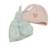 2Set - Světlerůžová čepice se srdíčkem + pomněnkové zateplené rukavice s listy - nové