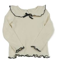 Smetanové žebrované triko s límečkem a mašlí