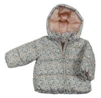 Bílo-modro-růžová květovaná šusťáková zimní bunda s kapucí H&M
