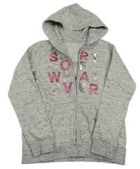 Šedá melírovaná propínací mikina s nápisem a kapucí C&A