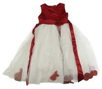 Červeno-bílé saténovo/tylové slavnostní šaty s květy 