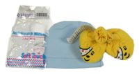Nové - 3set - Modrá čepice + žluté fleecové bačkory s Pudsey + bílé rukavice
