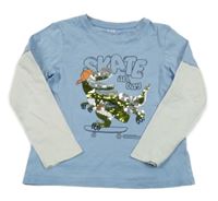 Světlemodro-bílé triko s dinosaurem z flitrů C&A