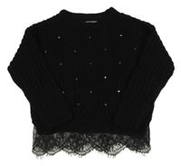 Černý pletený svetr s kamínky a krajkou Primark