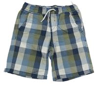 Tmavomodro-khaki-bílé kostkované plátěné kraťasy C&A