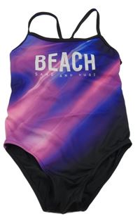 Černo-růžovo-modré jednodílné plavky s nápsem