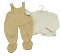 Nové - 2set - Béžové pletené dupačky + bílý svetr 