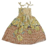 Žluto-starorůžové květované žabičkové šaty 