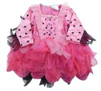 Kostým - Růžovo-černé tylovo/sametové šaty s puntíky a flitry a volánky