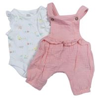 2Set - Světlerůžové mušelínové laclové kalhoty s volánkem + bílé body se zvířátky zn. F&F