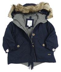 Nová - Tmavomodrá šusťáková zimní parka s kapucí s kožešinou Massimo Dutti