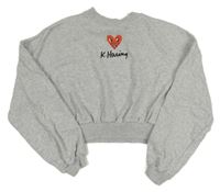 Šedá melírovaná crop mikina s nápisem a srdíčkem H&M