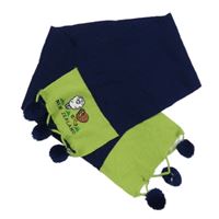 Tmavomodro-zelená pletená šála se zvířátky a bambulemi