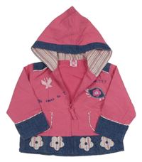 Růžovo-modrá šusťákovo/riflová jarní bunda se želvičkou a motýlkem a květy a kapucí Tom Kids