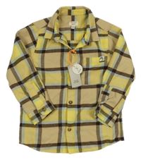 Nové - žluto-světlehnědo/světlemodro-tmavohnědá kostkovaná košile RIVER ISLAND