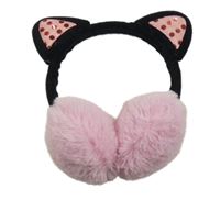 Růžovo-černé chlupato/plyšové klapky na uši s oušky - kočička