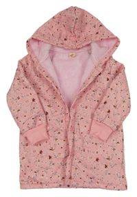 Růžový zateplený kabát s kytičkami a kapucí 