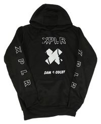 Černá teplá mikina s nápisy a kapsou a kapucí 