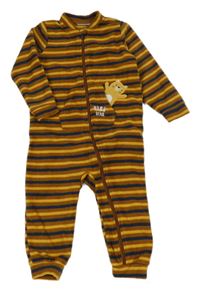 Hnědo-tmavomodro/žlutý pruhovaný fleecový overal s medvídkem so cute