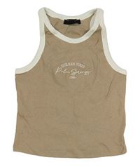 Béžovo-bílý žebrovaný crop top s nápsem New Look 
