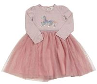 Starorůžovo-bílé třpytivé bavlněno/tylové šaty s jednorožcem z flitrů Primark