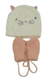 2set - Smetanová čepice - kočka + růžové pletené rukavice na šňůře