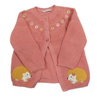 Starorůžový propínací svetr s ježky a výšivkami květů