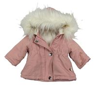Růžová šusťáková zimní bunda s kapucí s kožešinou Shein