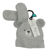 Nové - 2set - Šedá čepice s bambulemi - medvěd + rukavice F&F