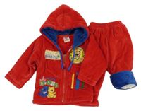 2set - Červená sametová zateplená propínací mikina s medvědy a kapucí + tepláky