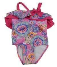 Růžovo-barevné květované jednodílné plavky s volánky a mašlí Monsoon