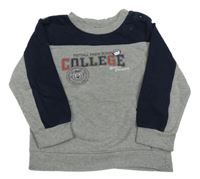 Šedo-tmavomodrá mikina s nápisem a kočkou