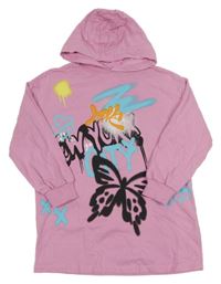 Růžová tepláková tunika s graffiti nápisy s motýlem a kapucí Next