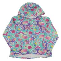 Tyrkysovo-fialová mikina s obrázky a kapucí