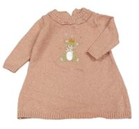 Starorůžové třpytivé svetrové šaty s medvědem a límečkem