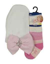2set - Bílá čepice s mašlí s broží + světlerůžovo-růžové ponožky s pruhy