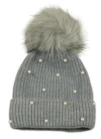 Šedá pletená čepice s perlami a bambulí