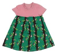 Růžovo-zelené bavlněné šaty se zvířaty a stromy