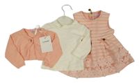 Nové - 3set - Růžové pruhované šaty + smetanové triko + růžové svetrové bolerko