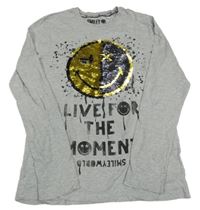 Šedé melírované triko se smajlíkem z překlápěcích flitrů