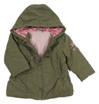 Khaki šusťáková zateplená bunda s výšivkami květů a kapucí Topolino