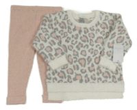 Nové - 2 set - světlerůžové pletené žebrované legíny + bílo-šedý chlupatý leopardí svetr 