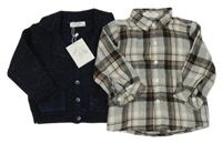 Nové - 2 set - šedo-hnědá kostkovaná košile + tmavomodrý melírovaný propínací svetr 